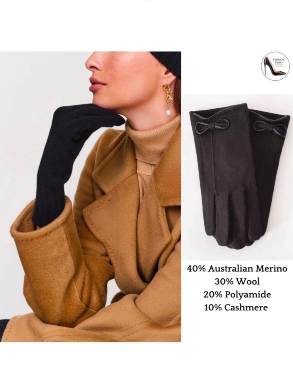 Luxury Cashmere Merino Wool Gloves Classic Black Driving Winter Warm Cozy Gloves